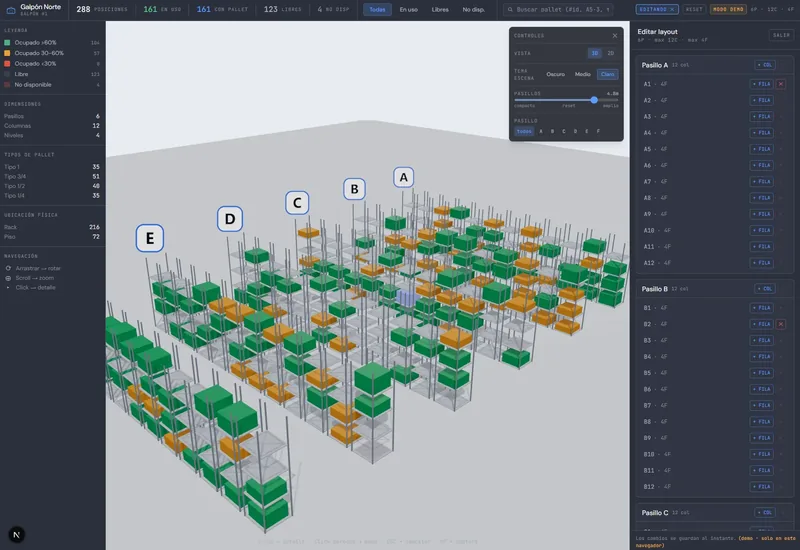 Captura del visor en tema claro: estanterías grises sobre piso claro, pallets en verde y ámbar, y el panel de controles con la vista 3D, el tema de la escena y el ancho de los pasillos.